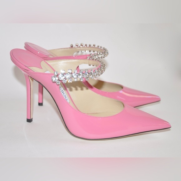JIMMY CHOO Bing 100 Embellished Patent Leather Pink Mule Heels Size 38.5 / 8.5 - Picture 2 of 12